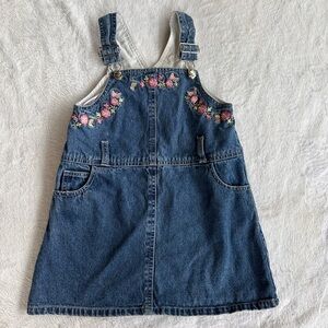 Y2K Kids Denim Overall Dress Size 5 Floral Embroidered Jumper Cottagecore